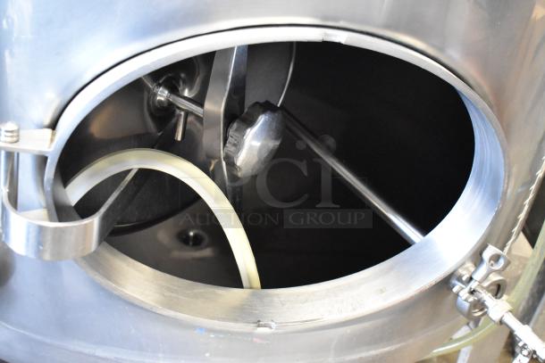 Stainless steel commercial beer tank, 8.75 BBL capacity, model SV-2, with visible interior components and fittings.