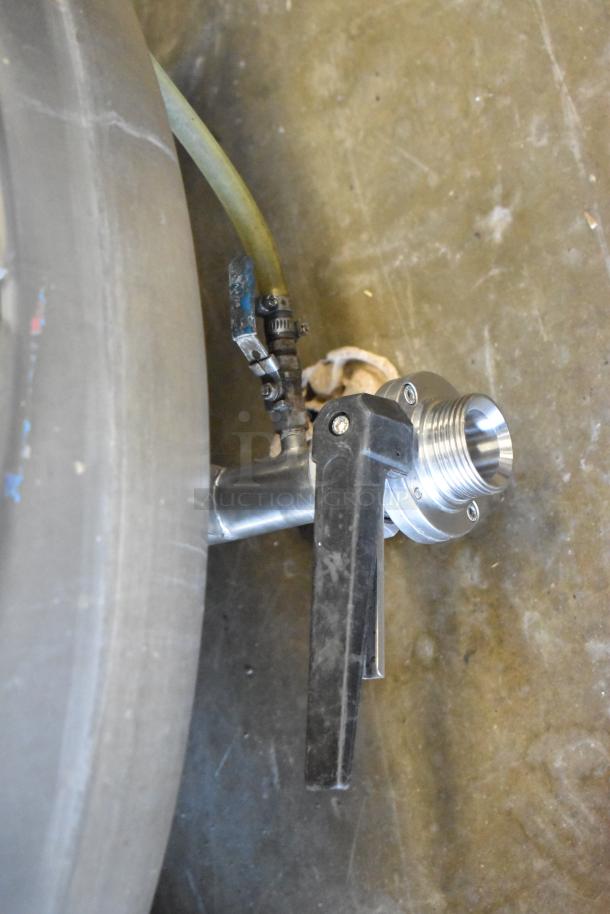 Stainless steel SV-2 floor-style 8.75 BBL/367 gallon beer tank, features hoses and fittings, suitable for tax determination.