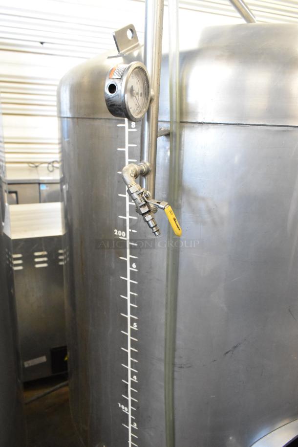 Stainless steel 8.75 BBL / 367-gallon beer tax determination tank, floor style, featuring gauge and valve.