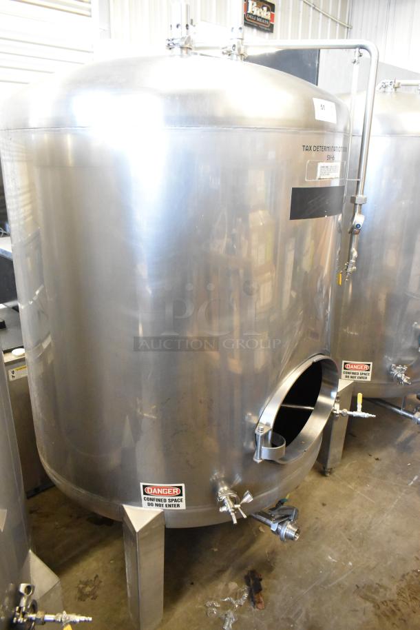 Stainless steel 8.75 BBL clear beer tank with valves, danger labels, new condition, used for tax determination in breweries.
