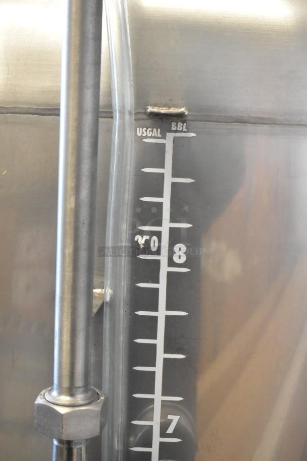 Stainless steel 8.75 BBL beer tax determination tank with capacity markings in USG and BBL, commercial-grade.