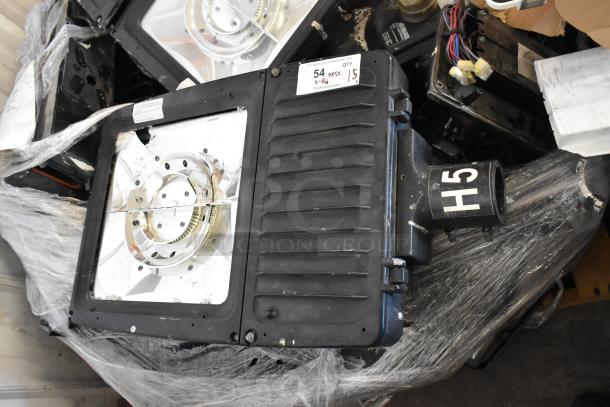 15 various items including industrial light fixtures, mostly black with visible wiring. Condition appears used. Tag reads "54 MX XBG" and "QTY 15".
