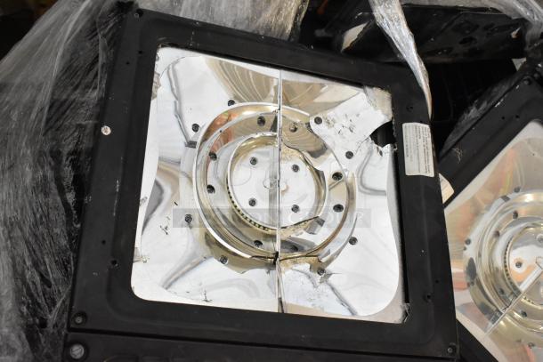 15 various light fixture parts, reflective surfaces, black frames, some visible wear and scratches, sold as a lot.