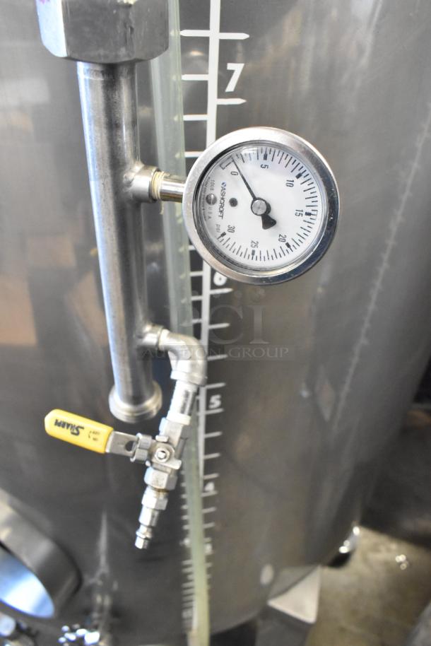 Stainless steel 8.75 BBL beer tank with pressure gauge and SAM valve. Used for tax determination. Capacity: 367 gallons.