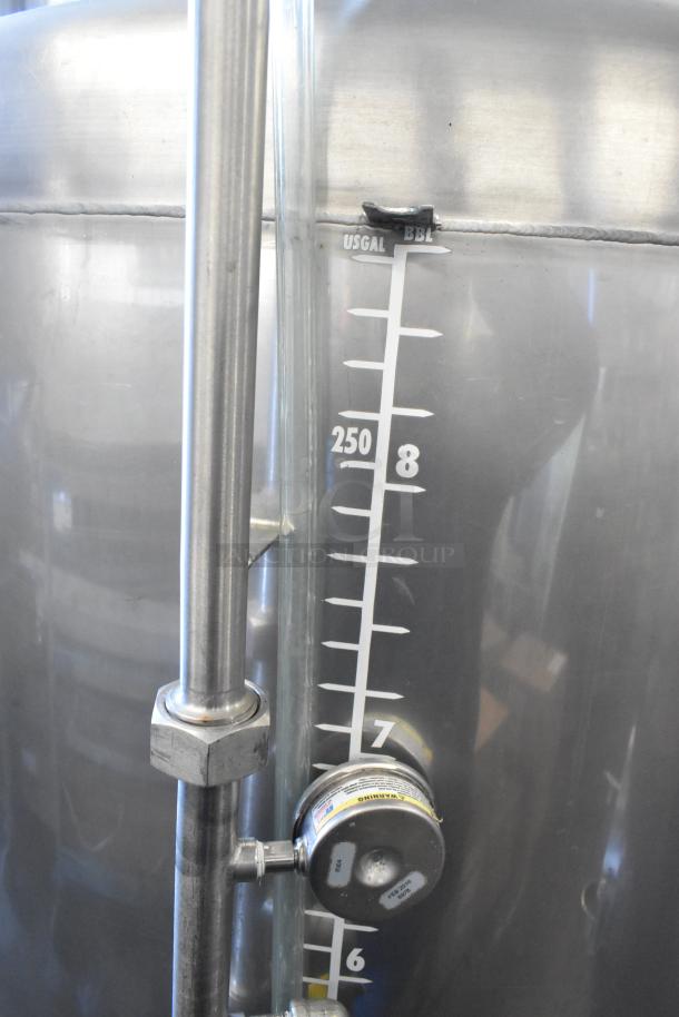 Stainless steel 8.75 BBL beer tank with gauge, commercial-grade; labeled in USGAL and BBL; visible valve and fittings.