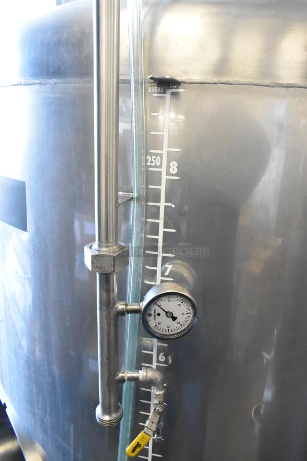 Stainless steel 8.75 BBL clear beer tank with gauge, valve, and volume markings. Suitable for commercial use.