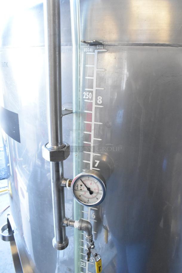 Stainless steel 8.75 BBL clear beer tank with gauge and sight glass, labeled in US gallons.
