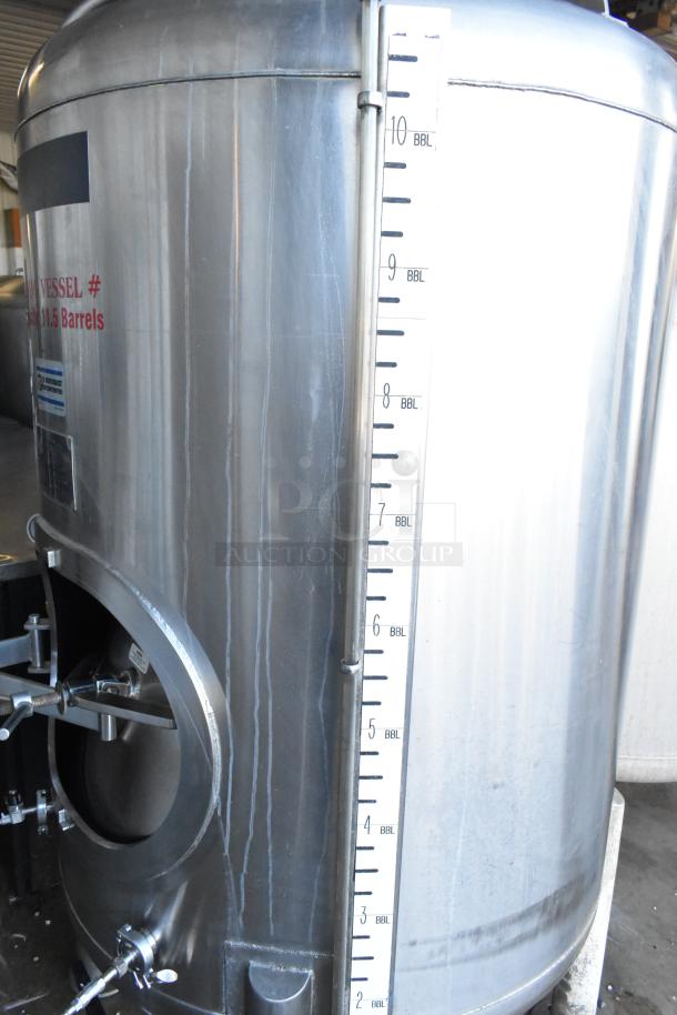 JV Northwest 10 BBL stainless steel brewing tank in excellent condition, with volume markings and operational fittings visible.