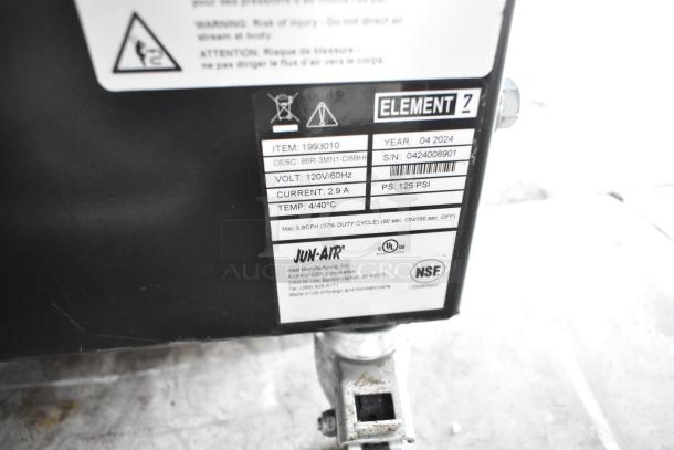 2024 Jun-Air 86R-3MN1-DSBHH nitrogen generator, stainless steel, 120V, 1 phase, on casters; label shows model and specs.