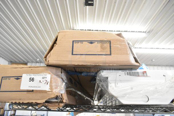 7 light fixtures including Lithonia Lighting GTL 4 40L GZ10 LP840, boxed and shelf-stored. Visible shipping labels and barcodes.