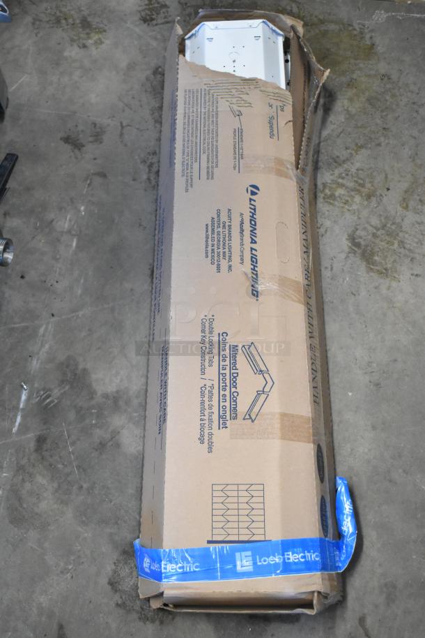 Seven assorted light fixtures including Lithonia Lighting GTL 4 40L GZ10 LP840, in sealed packaging with visible branding and product details.