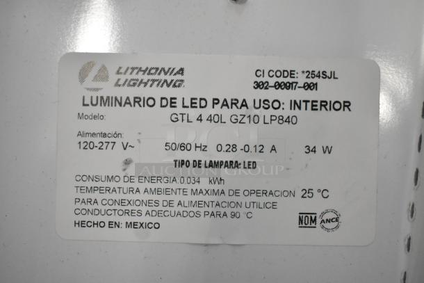Lithonia Lighting GTL 4 40L GZ10 LP840 label, interior LED fixture, 120-277V, 34W, made in Mexico.