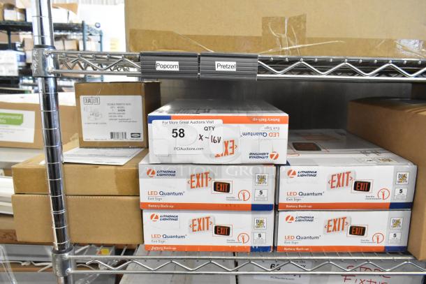 16 brand new scratch and dent boxes with Lithonia Lighting LED Quantum exit signs, Dual Lite LED emergency light back box, and Dual Lite double remote head, each labeled for auction.