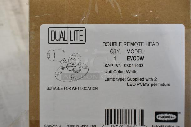 16 brand new boxes including Dual Lite LED emergency light back box, Dual Lite double remote head. Model EV0DW, suitable for wet locations.