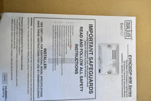 Alt text: "Instruction manual for Dual Lite Easy ID LED emergency light, model EVHC6IDP-WM Series, by Hubbell Lighting."