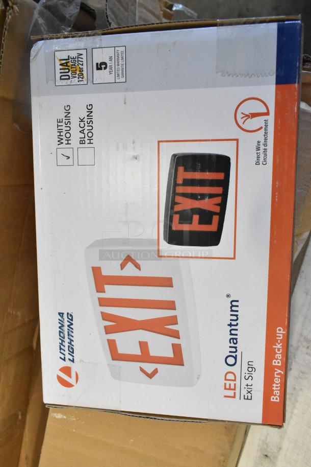 Lithonia Lighting LED Quantum exit sign box, new condition, white housing, battery backup, dual voltage, 5-year warranty.