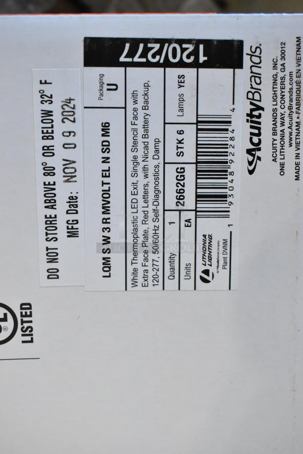 Box label showing Acuity Brands LED exit sign, model LQM SW3 RMVOLTE L N SD M6, white thermoplastic, Nov 2024 manufacture.