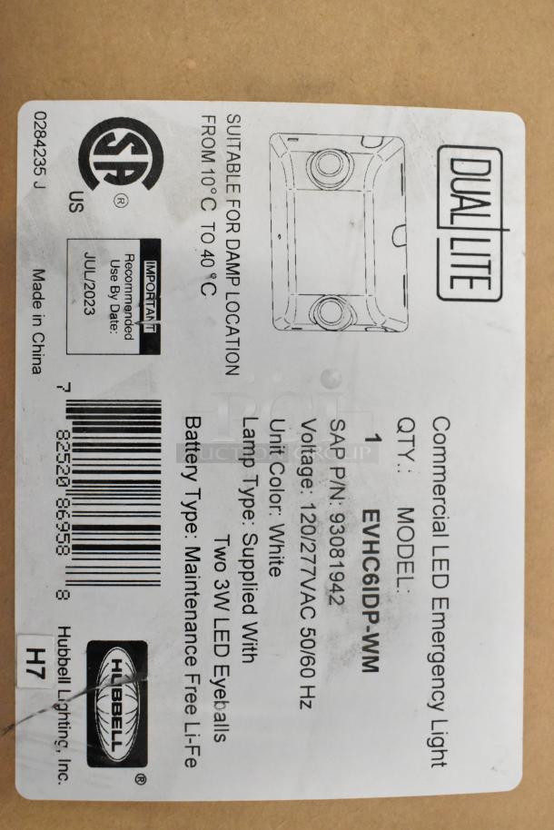 16 brand new Dual Lite LED emergency light boxes, model EVHC6IDP-WM. Suitable for damp locations. Includes exit signs and remote heads.
