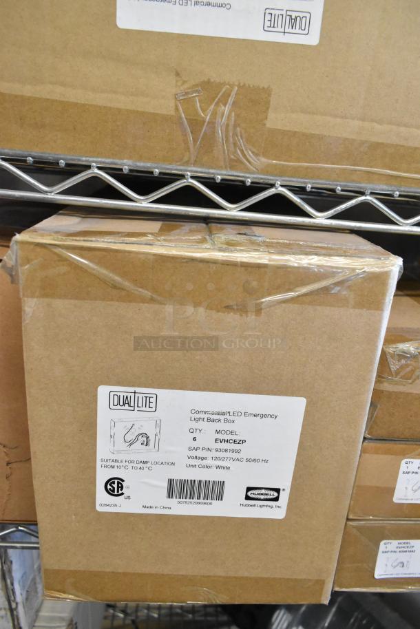 16 new boxes including Dual Lite LED emergency light back box, exit signs. Box label: Model EVHCEZP, suitable for damp locations.