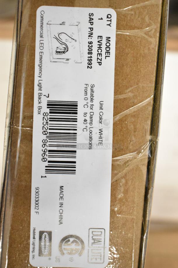 Alt text: Cardboard box labeled "Dual Lite LED Emergency Light Back Box." Model: EVHCEZP. Suitable for damp locations.