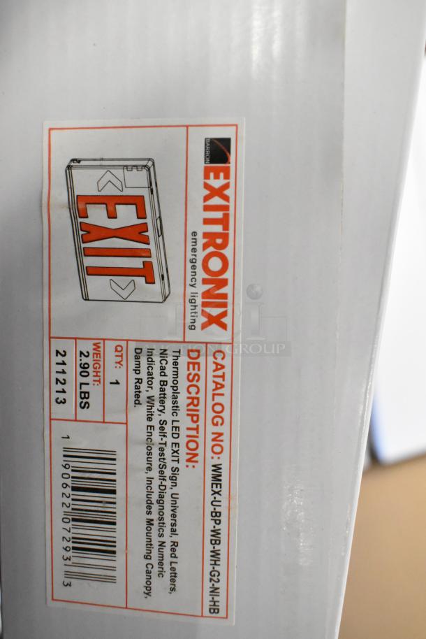 Box of 6 Exitronix LED exit signs, new with scratch and dent. Features red letters, white enclosure, 2.90 lbs.