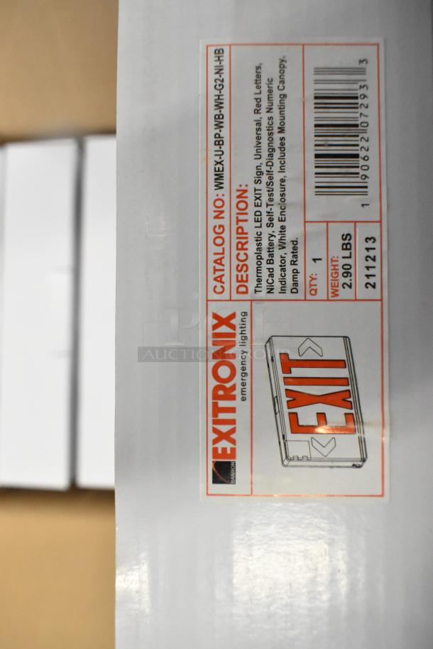 Box of 6 new Exitronix LED exit signs, thermoplastic with red letters, universal mount, self-illuminating, minor scratches.
