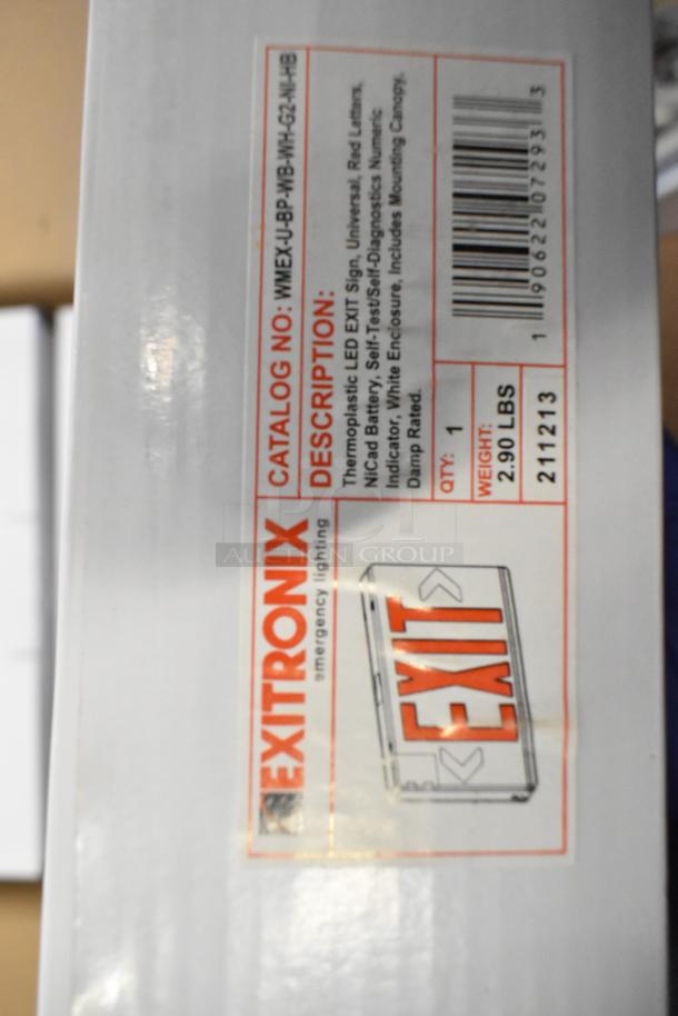 Box of 6 Exitronix LED Exit Signs, brand new, with scratches and dents. Features red letters, universal design, self-diagnostics, and NiCad battery. Catalog No: WMEX-U-BP-WB-WH-G2-M-WB. Includes mounting canopy. Weight: 2.90 lbs.