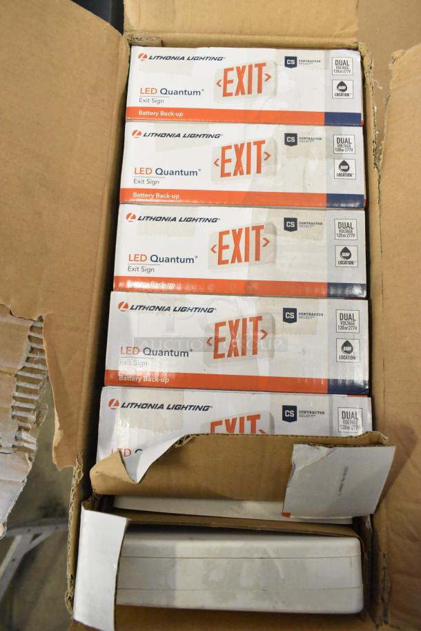 Box of 6 Lithonia Lighting LED Quantum Exit Signs, battery backup, dual voltage, scratch and dent condition.