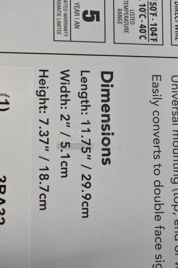Box of 6 exit signs, brand new condition, dimensions: length 11.75", width 2", height 7.37", with scratch and dent marks.