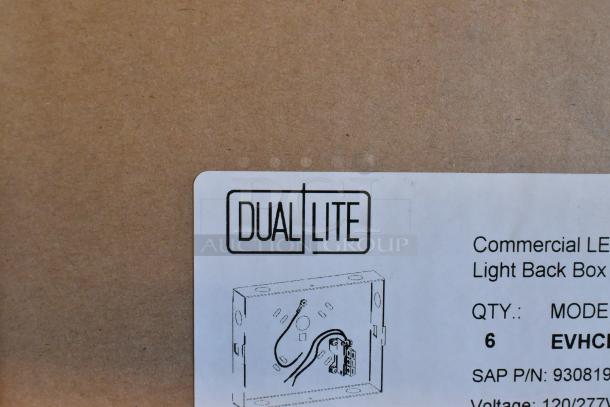 Box with Dual Lite label for commercial LED light back box, model EVHC. Marked QTY 6, voltage 120/277V.