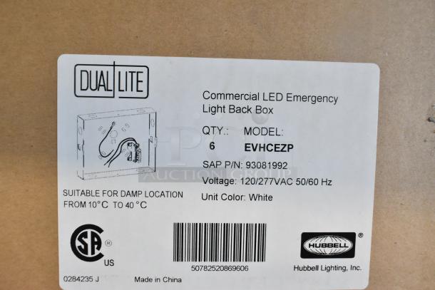 Cardboard box with Dual-Lite commercial LED emergency light back box, model EVHCEZP, suitable for damp locations, made in China.