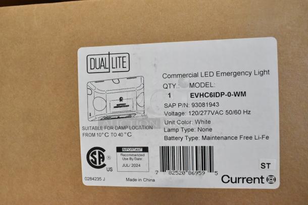 Dual Lite EVHC6IDP-0-WM LED emergency light in box; white color, 120/277VAC, maintenance-free Li-Fe battery. Suitable for damp locations.