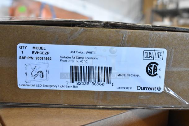 Dual Lite EVHCEZP LED Emergency Light Back Box, model for damp locations, white, new condition, with packaging label.