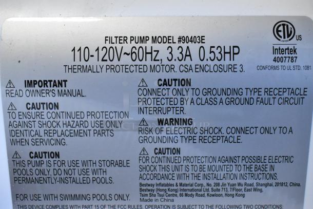 Label on Filter Pump Model #90403E, 110-120V, 0.53HP, detailing usage warnings and specifications, ETL listed.