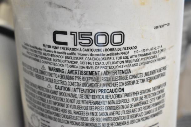 Filter pump model C1500 label, text includes certification number FP635, warning, and usage instructions for swimming pools.