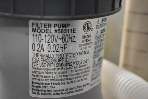 Filter pump model #58511E, 110-120V, 60Hz, 0.2A, 0.02HP, thermally protected motor for swimming pools.