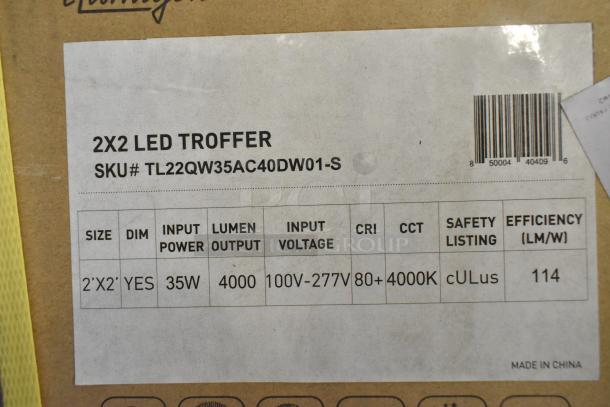 4 new 2x2 LED Troffers for auction. 35W, 4000 lumens, 100-277V, 80+ CRI, 4000K, cULus listed, efficiency 114 lm/W. SKU# TL22QW35AC40DW01-S.