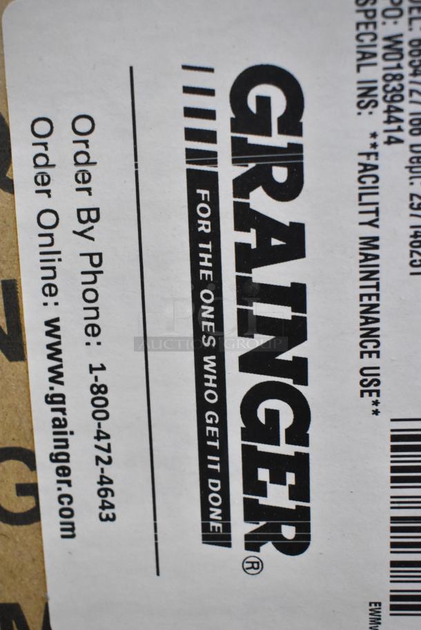 Label on product box with "GRAINGER" logo and contact details for ordering.