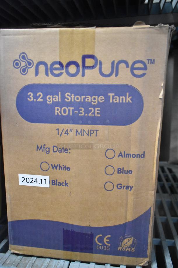 NeoPure 3.2-gallon storage tank in original packaging. Box is labeled ROT-3.2E, 1/4" MNPT, with Mfg Date 2024.11. Scratch and dent condition.