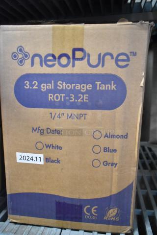 NeoPure 3.2-gallon storage tank in original packaging. Box is labeled ROT-3.2E, 1/4" MNPT, with Mfg Date 2024.11. Scratch and dent condition.