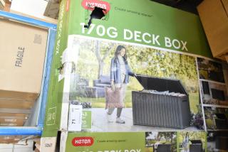 Brand new Keter 170G deck box in original packaging, visible scratch and dent on box. Ideal for outdoor storage.