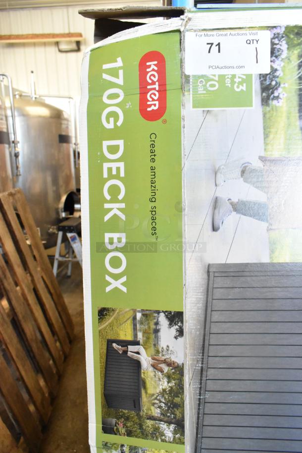 BRAND NEW Keter 170G Deck Box in original packaging with minor box damage; labels show model and brand.