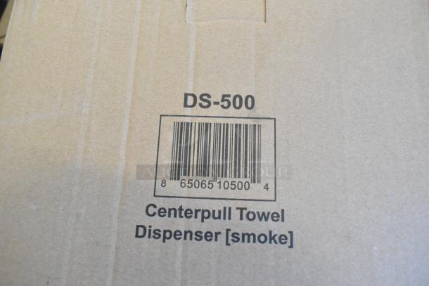Brand new DS-500 center pull towel dispenser box, marked "smoke." Includes barcode. 23 items offered, some with minor scratches and dents.