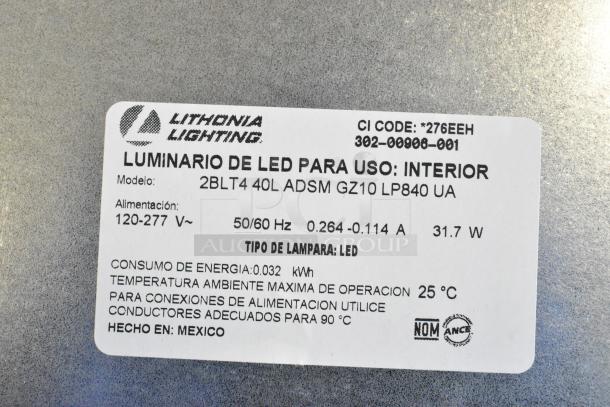 Lithonia Lighting 2BLT4 40L ADSM GZ10 LP840 UA Troffer label, indicates LED, power 31.7W, voltage 120-277V, made in Mexico.