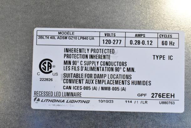 Lithonia Lighting troffer label showing model 2BLT4 40L ADSM. Voltage: 120-277, Amps: 0.28-0.12, 60Hz.