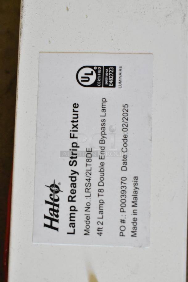 Halo Lamp Ready Strip Fixture label, model LRS4/2LT8DE, 4ft T8 Double End Bypass Lamp, UL Certified, made in Malaysia.