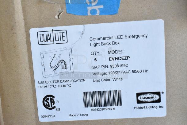 Dual Lite EVHCEZP LED emergency light, suitable for damp locations. White, 120/277VAC, includes back box. Model number visible.