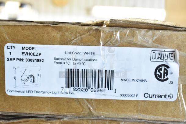 Box label showing Dual Lite EVHCEZP LED Emergency Light Back Box, white, suitable for damp locations, made in China.