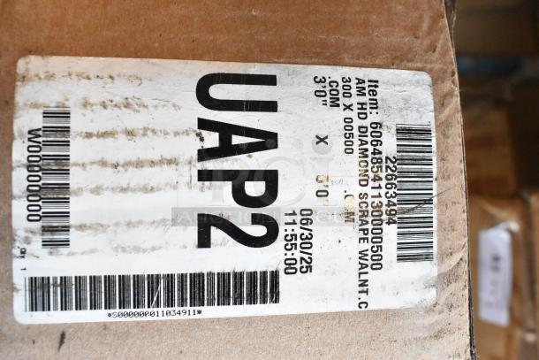 Label on a box showing item number 6064854130000500 for AM HD Diamond Scrape Walnut, 5'x3'.