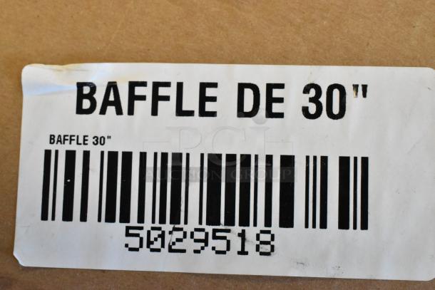 Label reading "Baffle DE 30"" with barcode and number 5029518 on a cardboard box, indicating package content.